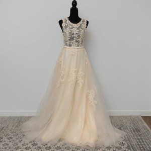 Lace Embellished Tulle A-Line Wedding Dress in Champagne